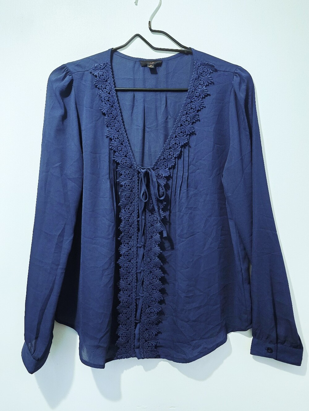 E hanger M Anthopologie Navy Blue Lace Detail Long Sleeve Blouse